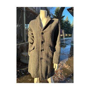 Pas De Calais Herringbone Harris Tweed Longline Coat Wool Cotton Brown 4-Button